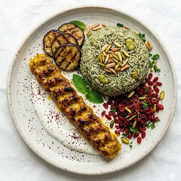 Persian-inspired saffron lamb kebab with dill rice & zereshk